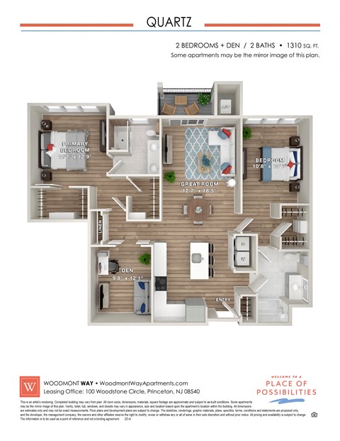 Floor plan for 2 beds, 2 baths, 1310 sqft